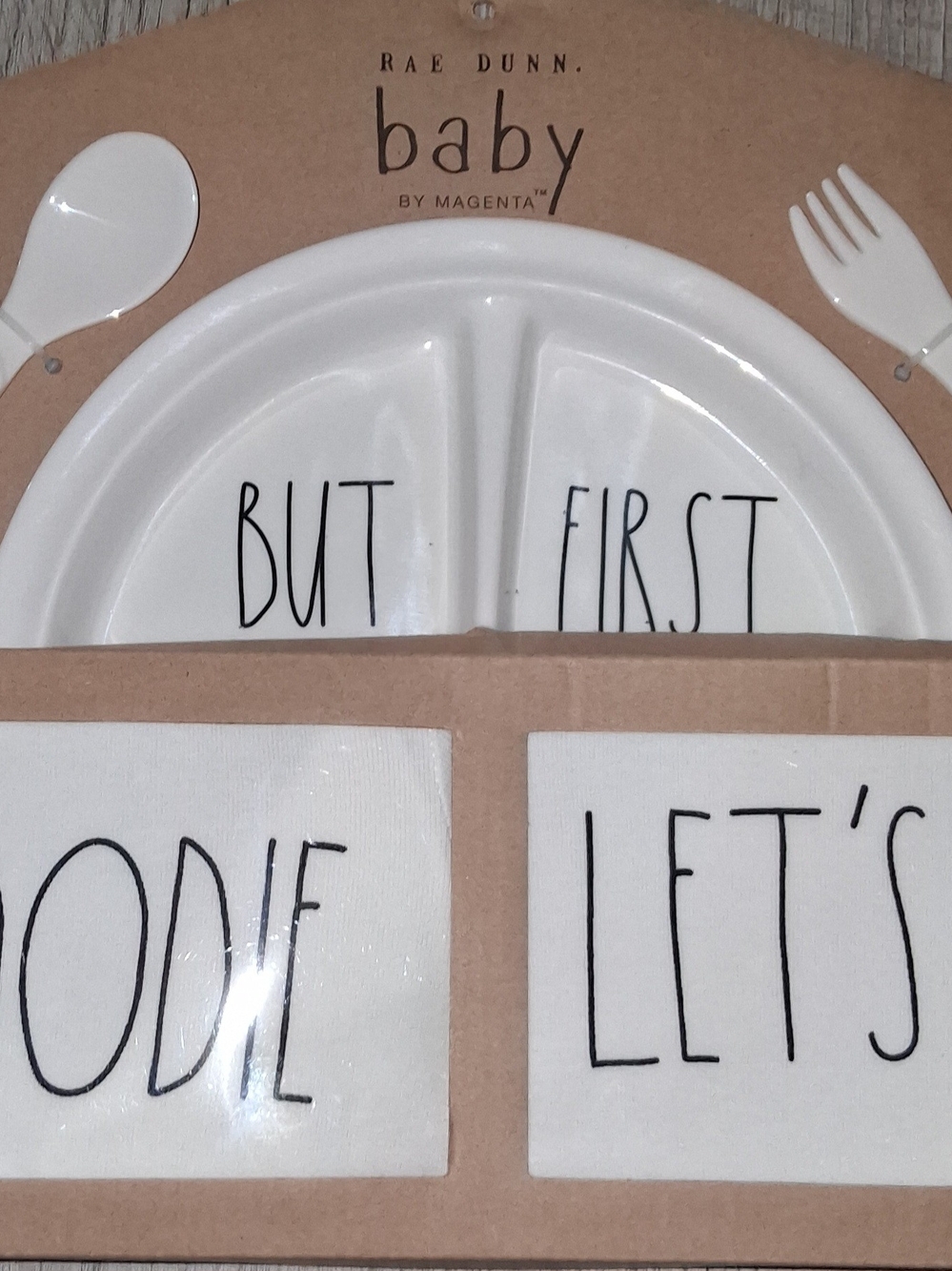 Rae Dunn White Baby Divided Plate & Napkin Set with Black Lettering